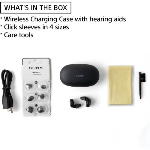 Color Black Sony CRE-E10 Self-Fitting OTC Hearing Aids for Mild to Moderate Hearing Loss, Prescription-Grade Sound Quality, Comfortable Earbud Design, Bluetooth Enabled for iOS, and Rechargeable Battery, Black