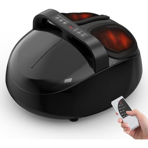 HTM Foot Massager with Heat, 5 Modes & 9-Level Intensity & 3-Speed Vibration, Shiatsu Kneading & Rolling Compression, with Remote & Portable Handle, Fits Up to Men's Size 13, Gift for Women Men