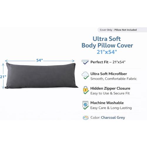 EVOLIVE Ultra Soft Microfiber Body Pillow Cover/Pillowcases 21x54 with Hidden Zipper Closure (21x54 Body Pillow Cover, Charcoal Grey)