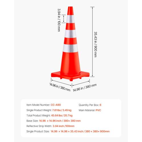 VEVOR Safety Cones, 6 x 36 Traffic Cones, PVC Orange Construction Cones, Reflective Collars Traffic Cones with Weighted Base Used for Traffic Control, Driveway Road Parking and School Improvement