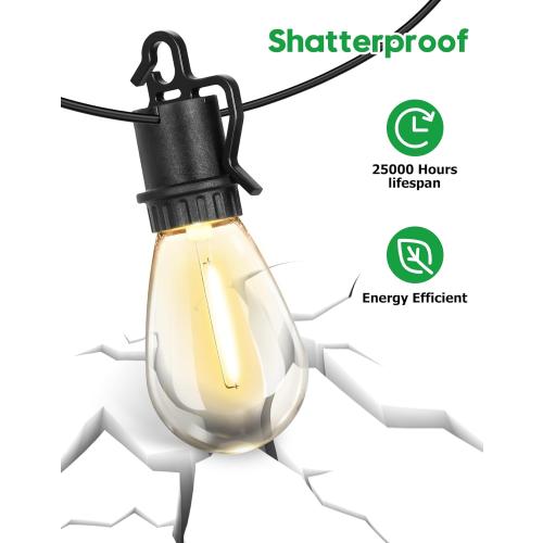 Size 50FT Outdoor String Lights with 25 Shatterproof S14 Vintage Edison Bulbs E12 Sockets,2700K Dimmable Outdoor Lights,IP55 Waterproof LED String Lights for Outside, Patio, Garden, Backyard,Bistro