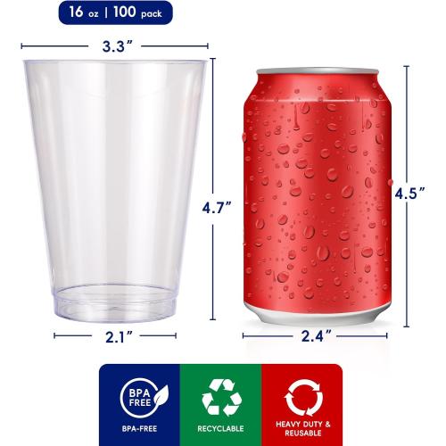 JOLLY CHEF 16 oz Clear Disposable Plastic Cups, 100 Pack Heavy-duty Plastic Cups Tumblers,Perfect for for Halloween, Christmas, and Thanksgiving Parties
