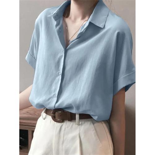 Oversized Shirts Women XL Shirt Fashion Loose Solid Tops Short Sleeved Blouse Casual Solid Buttons Down Blusas