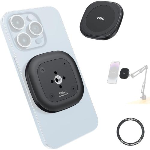 Black VRIG MG-01 Magnetic Tripod Mount,1/4 Tripod Adapter w Magnetic Ring, Multiple Locating Holes for ARRI,Compact Size for iPhone 16/15/14/13/12 Series & All Phones & Cases