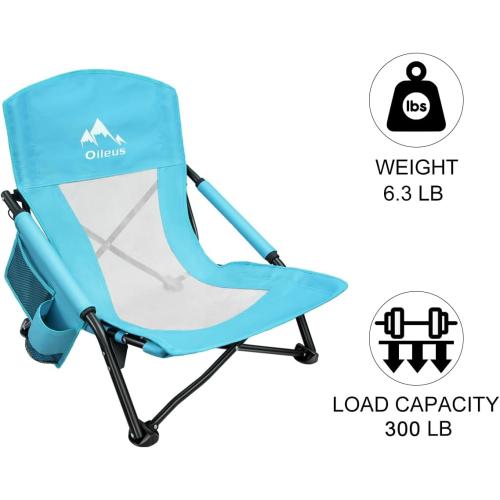 Oileus Low Beach Chair for Beach Tent/Shelter/Camping/Outdoor Ultralight Backpacking Folding Recliner Chairs with Cup Holder/Storage Bag, Carry Bag, Breeze Mesh Back, Compact Duty 2 Pcs