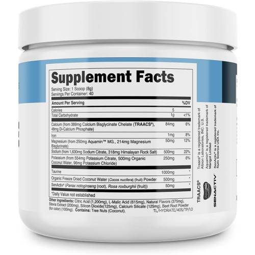 Transparent Labs Hydrate Naturally Sweetened Electrolytes Powder - Hydration Powder Electrolytes with Coconut Water, Calcium, Taurine, & Potassium - 40 Servings, Tropical Punch