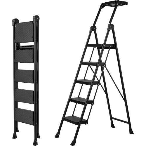 XinSunho 5 Step Ladder, Foldable Handrail & Tool Tray Stool Ladders with Anti-Slip Wide Pedal, 660 lbs Sturdy Steel Ladder for Home Kitchen and Outdoor