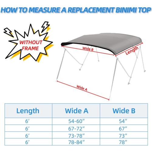 3 Bow Bimini Top Replacement Cover,  Polyester Waterproof Sun Shade Boat Canopy, Easy Install Zipper Sleeves Boat Awning/Without Frame,Gray 6