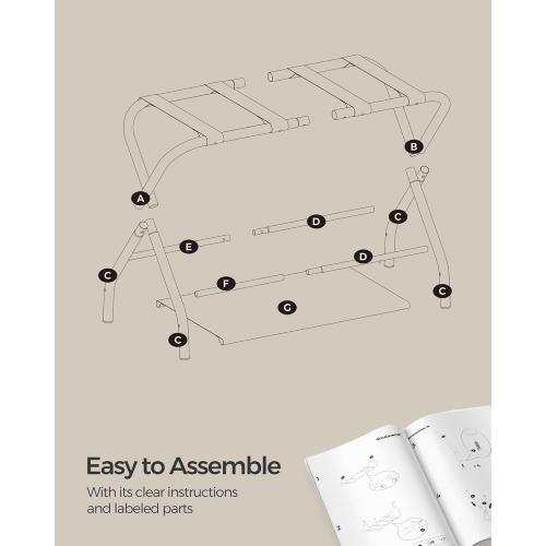 Set of 2 Size 27.2 x 15 x 20.5 Color White  SONGMICS Luggage Racks, Set of 2, Suitcase Stand with Fabric Storage Shelf, for Guest Room, Bedroom, Hotel, Foldable, Holds up to 110 lb, 27.2 x 15 x 20.5 Inches, Cloud White RLR002W02