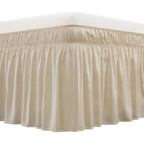 MEILA Wrap Around Elastic Bed Skirt for Queen & King Beds, 16 Drop, Beige | Three-Side Adjustable Elastic Dust Ruffle, Ruffled Polyester Fabric, Easy to Install, Fade Resistant & Machine Washable