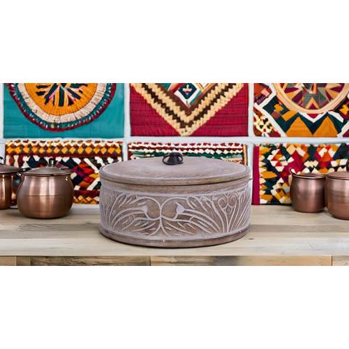 Handcrafted Wooden Mexican Tortilla Warmer Basket Indian Chapati Roti Bread Holder Box Pancake Keeper Serveware Hot Pot Casserole Dish With Lid Home Kitchen Dining Decor, Natural Brown, 9 x 3.5 Inches