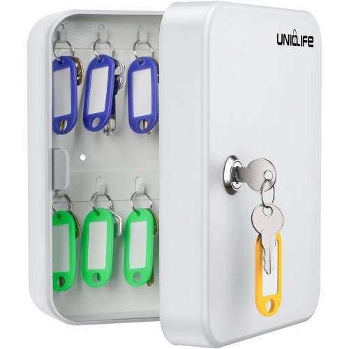 Uniclife 20 Position Key Cabinet with Key Lock Wall Mounted White Security Storage Box Steel Key Organizer with Colorful Key Tag Labels Identifiers Stickers and Hooks