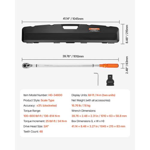 VEVOR 3/4 Inch Drive Torque Wrench 100-600fFT.LB/136-814Nm, 1 Inch Adapter, Split Beam, 48'' Length, less effort for Off-road Equipment,Truck,Motor Homes & Drilling Platform