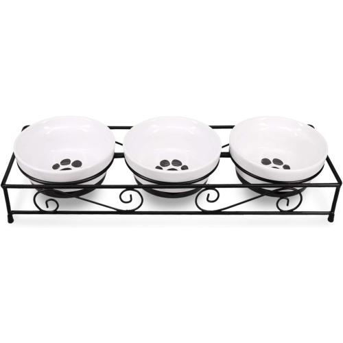 Navaris Ceramic Pet Bowl Set - Small Dogs, Puppies, and Cat Food Bowl with Non-Slip Retro Metal Stand - Dog or Cat Bowls for Indoor Cats and Dogs - Set of Bowls, 10.8 oz Each