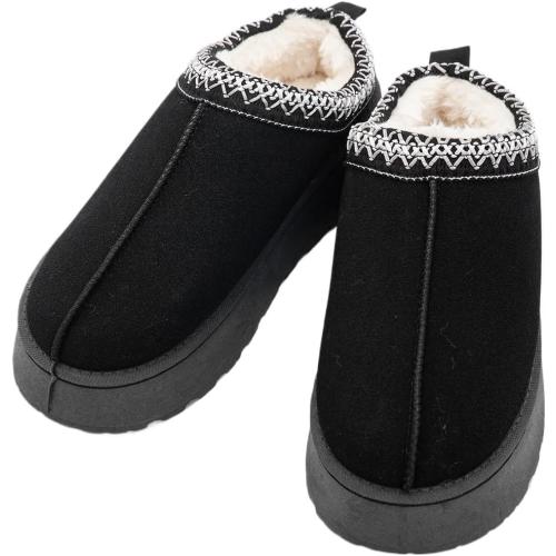 Black Contrast Print Suede Plush Lined Snow Boots for Winter