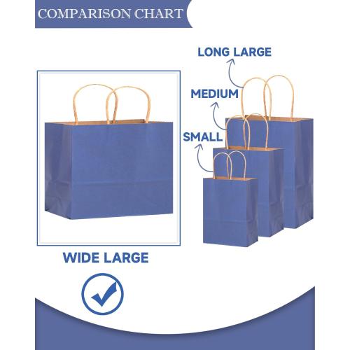 qiqee 100PCS Large Gift Bag with Handles Bulk 13x4.5x10 Gift Bags Kraft Deep Blue Multiple Uses (32x11x25cm,Wide Large)