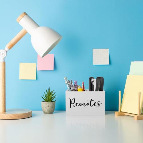 DRASTAR Rustic White Remote Caddy, 2-Compartment TV Remote Holder & Organizer for Nightstand, Bedside Table, Living Room, Office