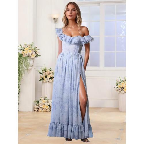 Size L...Floral Chiffon Long Bridesmaid Dresses for Women A Line Off Shoulder Formal Evening Gowns with Slit Ruffle Prom Dress