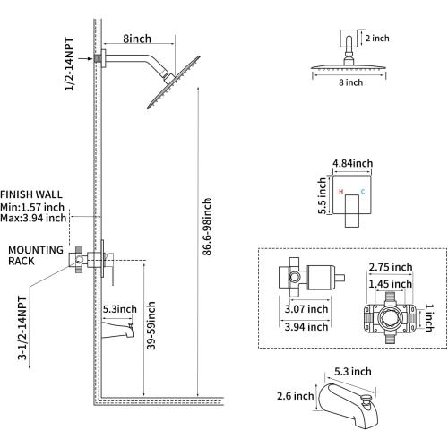 GGStudy Shower Faucet Set, Brushed Gold Tub Shower Faucet with 8 Inch Square Rainfall Shower Head and Tub Spout Shower Tub Faucet Set Complete Included Shower ValveTub Shower Trim Kit