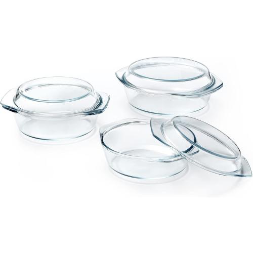 ZYER Round Glass Casserole Dish Set, Glass Casseroles with Lid (Set of 3-1L, 1.4L, 1.7L)