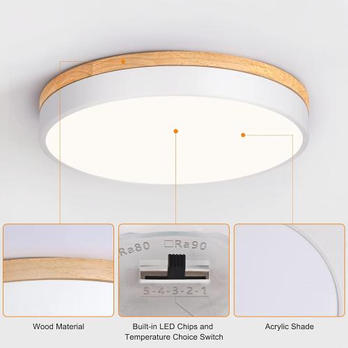 Dimmable Wood LED Flush Mount Ceiling Light, 5CCT 2700K-6000K Modern Round Close to Ceiling Lighting Fixtures, Minimalist White Ceiling Lamp for Living Room, Bedroom, Laundry Room