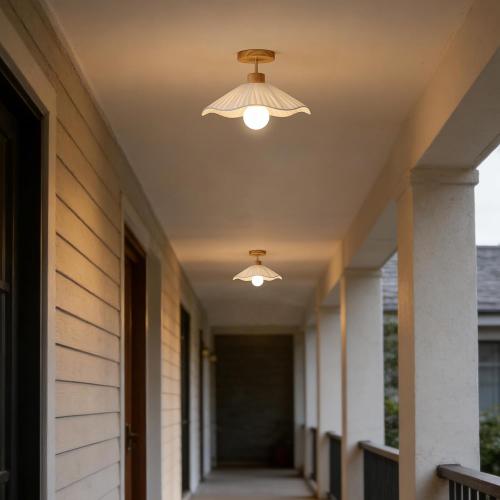 Flower Ceiling Light for Hallway,Semi Flush Mount Ceiling Light with Fabric Shade,Modern Ceiling Light Fixture with Wooden Base for Bedroom, Porch, Entryway(15.7 Inch)