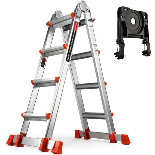 HBTower A Frame 3 Step Extension Ladder, 11Ft Multi Position Ladder with Removable Tool Tray and Stabilizer Bar, 330 lbs Capacity Telescoping Ladder for Household and Outdoor Work (Orange, 11Ft)