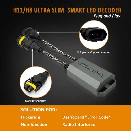 Bestview H11/H8/H9 Canbus Decoder LED Warning Canceler Anti-Flicker Harness, 2Pcs