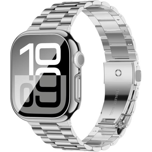 iiteeology Compatible with Apple Watch Band 46mm Series 11 Series 10, Upgraded Stainless Steel Band with iWatch Screen Protector Case for Men Women Silver/Silver