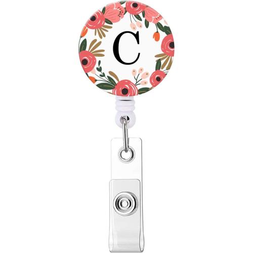 Badge Reel, Retractable ID Card Badge Holder with Alligator Clip, Name Nurse Decorative Badge Reel Clip on Card Holders (Floral Wreath Letter C)