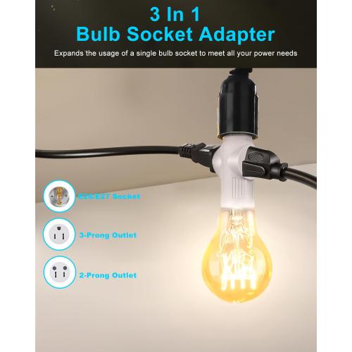 Light Socket to Plug Adapter, Convert E26 to 3 Prong Outlet and Light Bulb Socket, Polarized, for Garage Porch(White, 2)