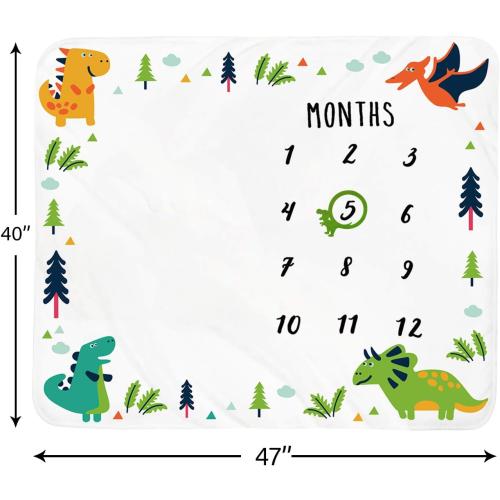 White And Dinosaur Print Baby Monthly Milestone Blanket Boy - Dinosaur Neutral Newborn Month Blanket for Boy & Girl Personalized Shower Gift Soft Plush Fleece Photography Background Prop