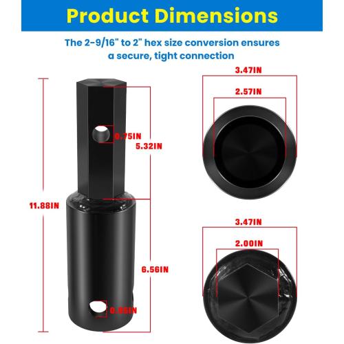 Heavy Duty Auger Adapter 2-9/16 Female Round to 2 Male Hex for Augers, Skid Steers, Tractors, Post Hole Diggers
