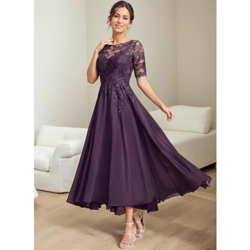 Size M.  Tea Length Mother of The Bride Dresses for Wedding Sequin Lace Formal Evening Dress with Pockets JH016