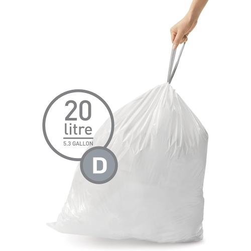 simplehuman code D Custom Fit Drawstring Trash Bags in Dispenser 3 Packs, 20 Count, 20L / 5.2 Gallon, White