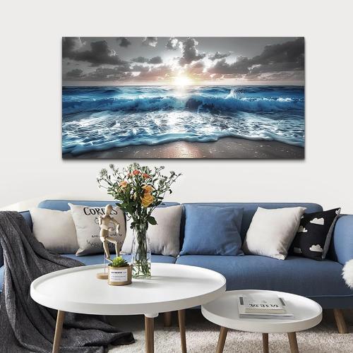 60x30 hyidecorart Large Wall Art For Living Room Modern Wall Decor For Office Blue Beach Painting Sea Waves Sunshine Wall Pictures Bedroom Home Decoration Prints Posters Mural Artwork Ready To Hang 60x30