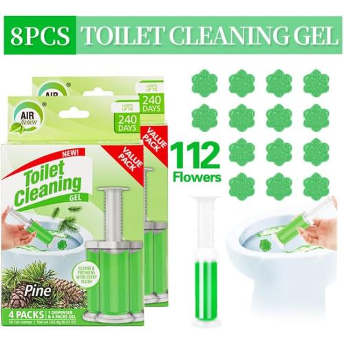Toilet Cleaning Gel Pine Scent. Pack of 4 (6.43oz) with 56 Gel Stamps for Continuous Toilet Cleaning, Deodorizing & Fruity Freshness.