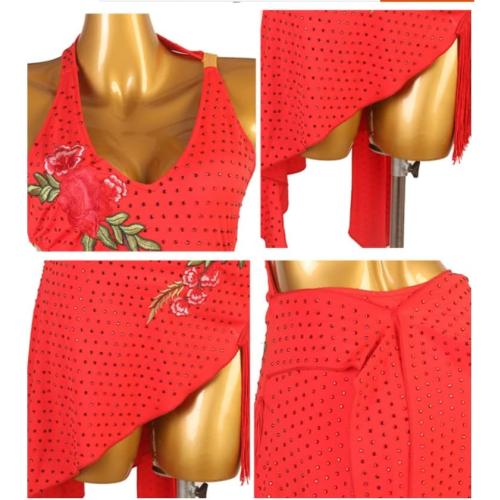 Size Small DANCEAND SWAY Embroidery Latin Costumes Women Sexy Ballroom Dancewear Sleeveless Cha Cha Salsa Irregular Fringe Skirt Rhinestones