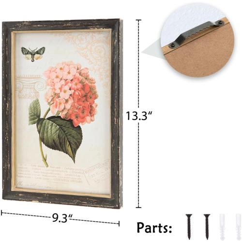NIKKY HOME Vintage Botanical Wall Art Set of 2, Rustic Wooden Framed Floral Flower Plant Butterfly Pictures Prints Poster Decor for Bathroom Bedroom Living Room Kitchen Office, 13 x9 Inch