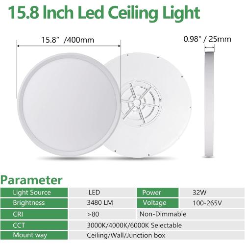 2PK 16 COLOR BLACK LED Flush Mount Ceiling Light, 32W, 3480LM, 3000K/4000K/6000K CCT Selectable, Round Flat Panel Light Low Profile Ceiling Fitures for Hallway, Kitchen, Bedroom, Laundry Room