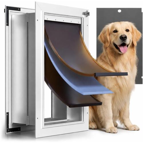 3-Flap Insulated Aluminum Dog Door for Walls, Heavy-Duty Telescoping Pet Door with Dual Security Locks & Magnetic Flaps, Closing Panel, Large, Pets Up to 110 LB