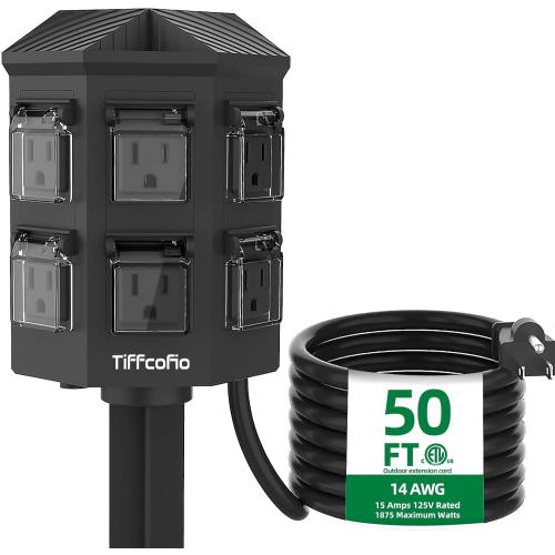 TiFFCOFiO Outdoor Power Strip Weatherproof, 50 FT Extension Cord with Power Stake, 6 Grounded Outlets for Outdoor Lights, 15A/1875W, ETL Listed