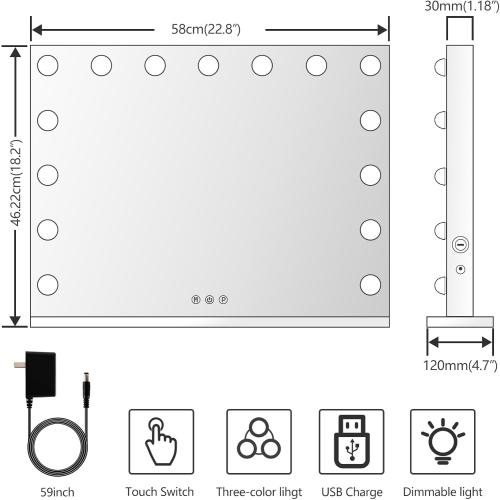 Vanity Mirror with Lights Lighted Makeup Mirror with 15 Dimmable LED Bulbs,3 Color Lighting Modes,USB Charging Port Touch Control,Sturdy Metal Frame Design 24x18 Inch,White