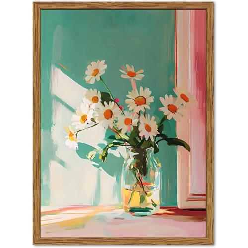 Framed Moody Floral Canvas Wall Art, Vintage Daisy Flower Pictures Wall Decor, Rustic Wildflower Paintings Prints Cottagecore Home Decor for Living Room Bedroom Bathroom 16x24 inch