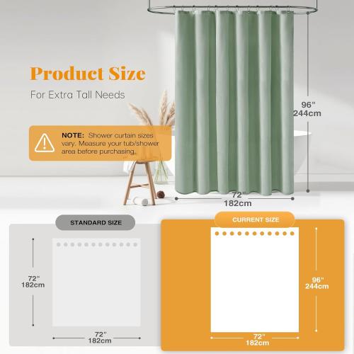 BTTN 96 Inch Extra Long Shower Curtain - Linen Textured Heavy Duty Tall Fabric Shower Curtain Set with 12 Plastic Hooks, Large Simple Neutral Cloth Shower Curtains for Bathroom, 72x96 Inch, Sage Green