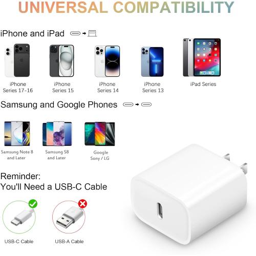 USB C Charger Block for iPhone 17 Wall Charger 20W Power Adapter for iPhone 17/17 Air/17 Pro/17 Pro Max, 16 15 14 13 12 11, iPad, Google, Samsung Fast and Convenient Charging, Type C Charger Bolck