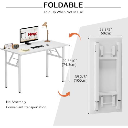 Need Folding Desk for Home Office 39-3/8 Length Modern Folding Table Computer Desk No Install Needed White Color Desktop White Frame AC5DW(100 * 60)