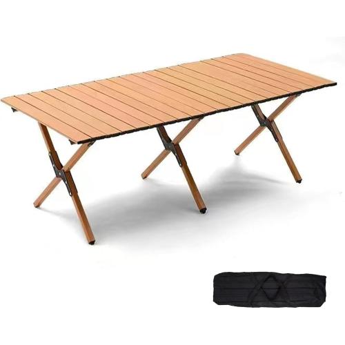 Beige 48Inch Folding Camping Table, Lightweight Roll-Up Table Aluminum Low Portable Picnic Table with Carrying Bag for Outdoor, Beach, Picnic, Backyards, BBQ and Party, Log Color