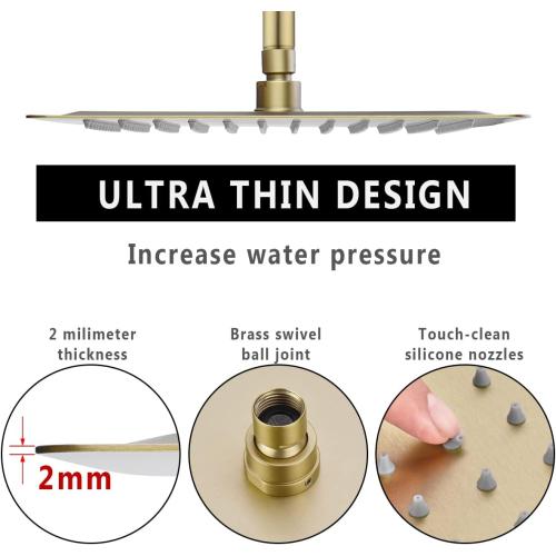 12 Inch Round Rainfall Shower Head, High Pressure Overhead Shower Heads, Wall Ceiling Mounted Ultra Thin Stainless Steel Shower Head, Brushed Gold