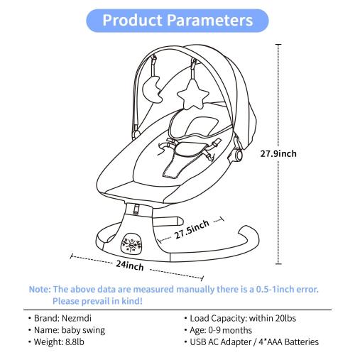 GREY AND WHITE Baby Swing for Infants & Toddlers, Electric Bouncer with Remote Control, 3 Seat Positions, 5 Speeds, 5-Point Harness, Grey